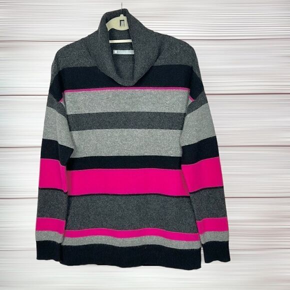 InCashmere Women’s Gray Magenta Black Striped Cashmere Sweater Turtleneck size L - Picture 1 of 12